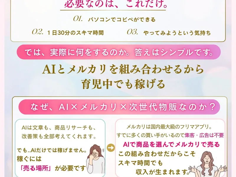 AI×メルカリ次世代物販の広告でAIとメルカリを組み合わせるから育児中でも稼げると説明している