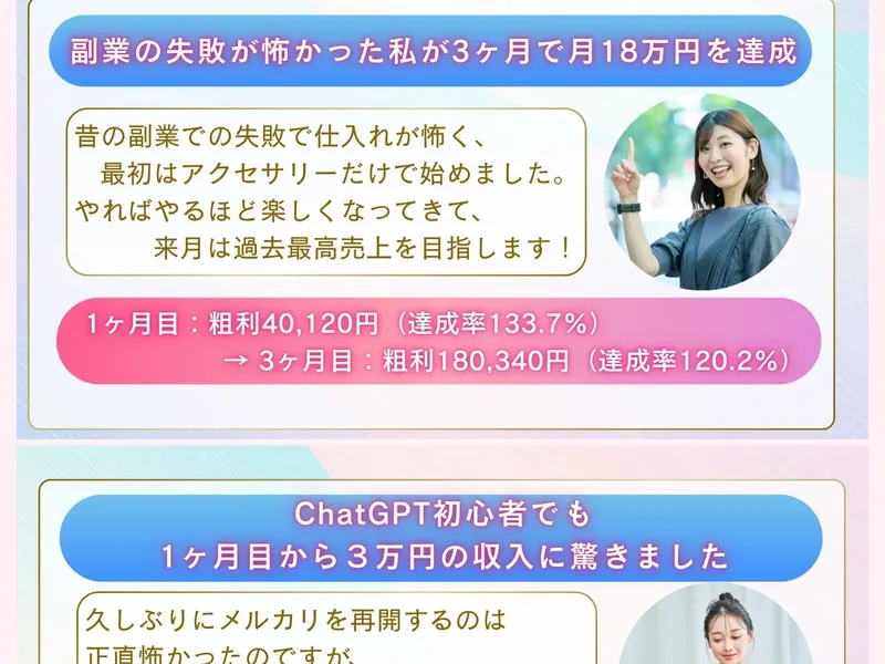 AI×メルカリ次世代物販の広告で3ヶ月で月18万円達成、ChatGPT初心者でも1ヶ月目から3万円と受講生の声を掲載している
