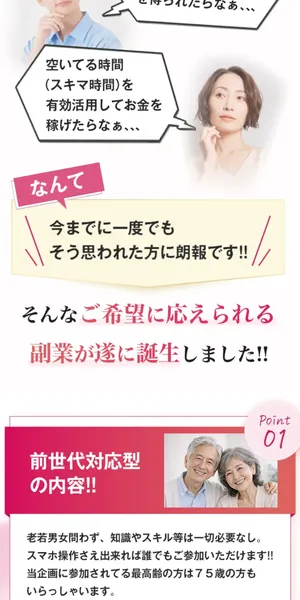 広告ページのPoint01。前世代対応型で知識やスキル不要、最高齢75歳が参加と記載