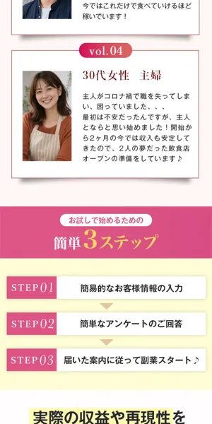 登録3ステップ。お客様情報入力→アンケート回答→届いた案内で副業スタートと記載