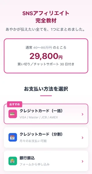 通常40万円から80万円のところ29,800円、買い切りでチャットサポート30日付きと表示された料金ページ