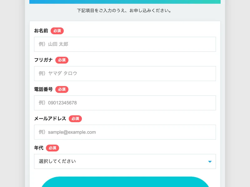 合同会社BANのお申し込みフォームでお名前・フリガナ・電話番号・メールアドレス・年代が必須入力になっている