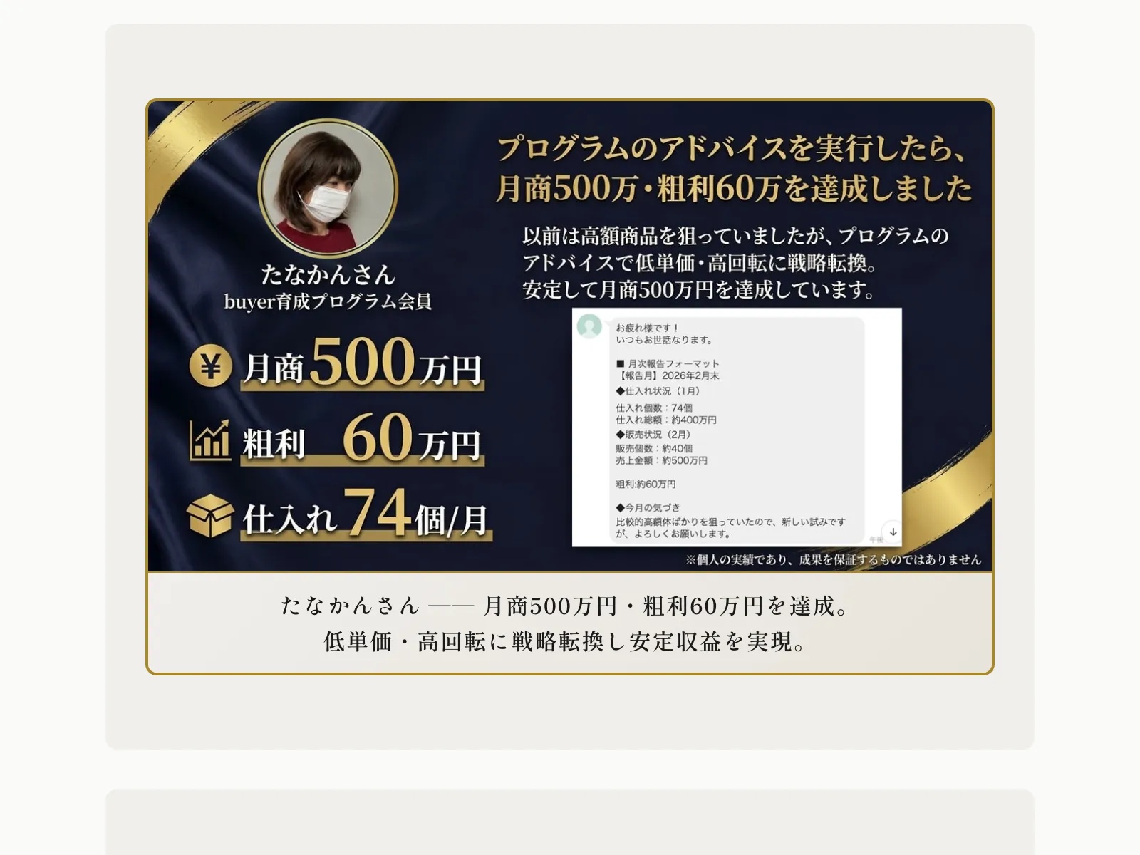 たなかんさんの実績として月商500万円・粗利60万円・仕入れ74個と表示されている