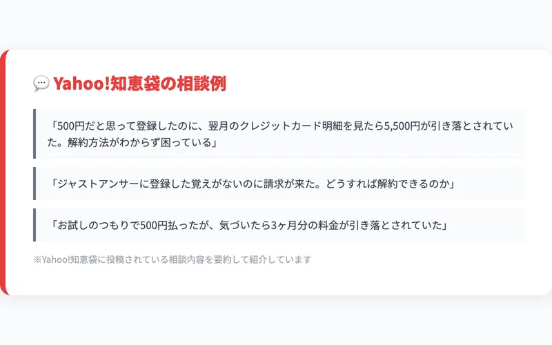 Yahoo!知恵袋に寄せられたジャストアンサーの相談例（500円のつもりが5,500円請求、登録した覚えがないのに請求、3ヶ月分引き落とし）