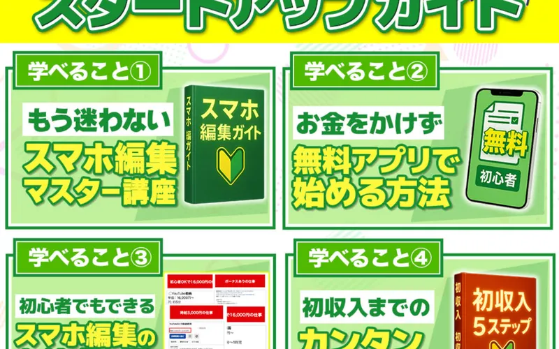 カズマルの広告ページ。スマホ編集マスター講座や無料アプリで始める方法など学べること6つが紹介されている