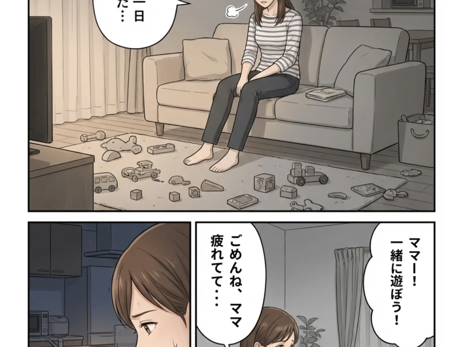 スキマFXの漫画広告で子育てママが「ごめんね、ママ疲れてて...」と悩む場面が描かれている