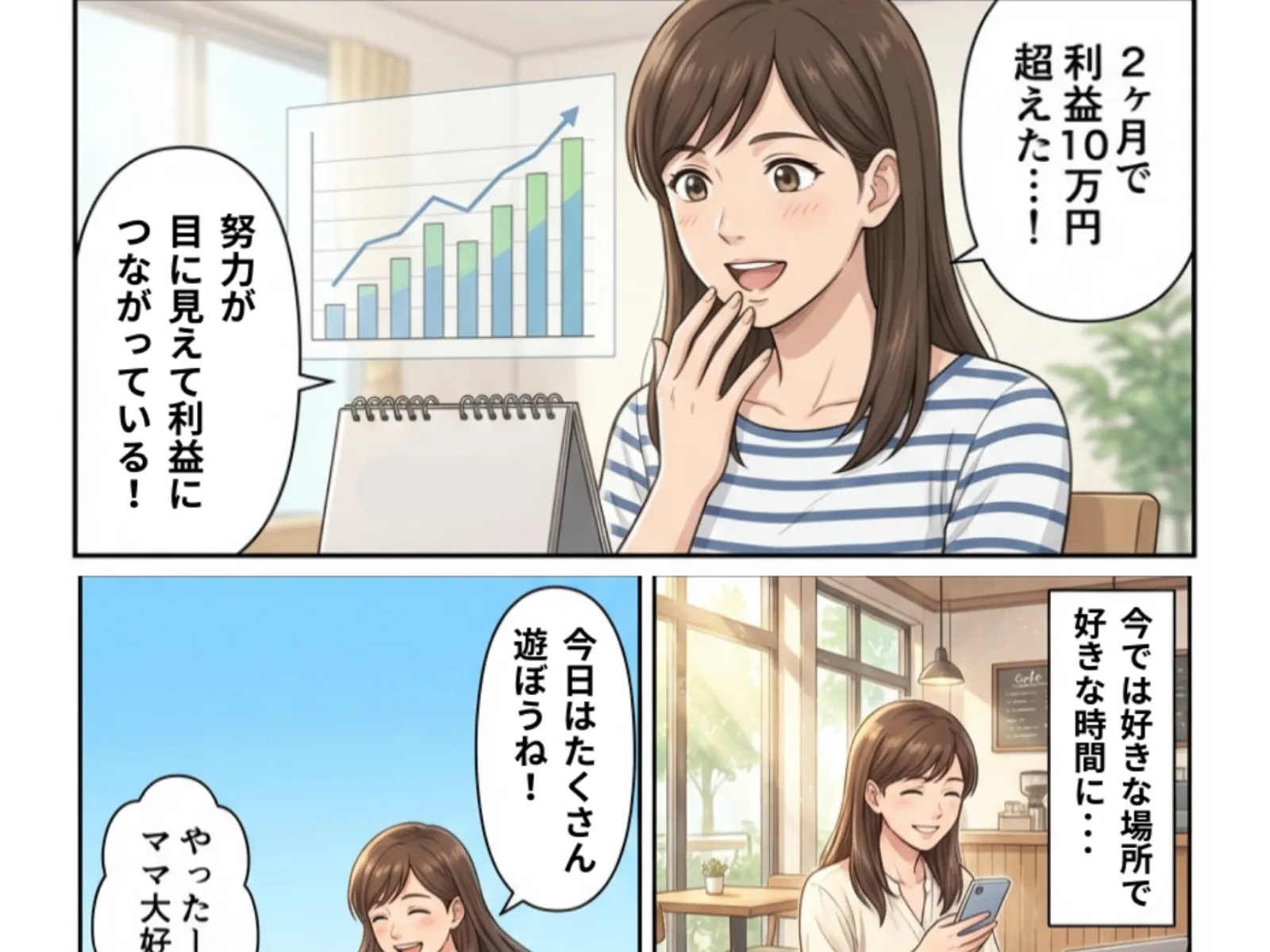 スキマFXの漫画で受講生が「2ヶ月で利益10万円超えた」と成果を報告している場面