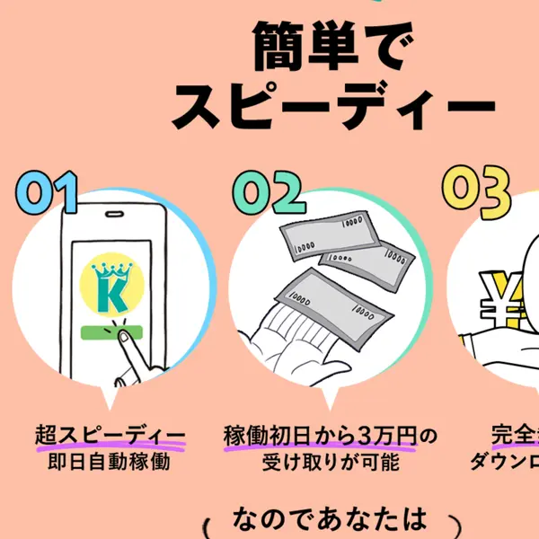 KiNG Payの3ステップ。01「超スピーディー即日自動稼働」、02「稼働初日から3万円の受け取りが可能」、03は完全無料ダウンロードと表示
