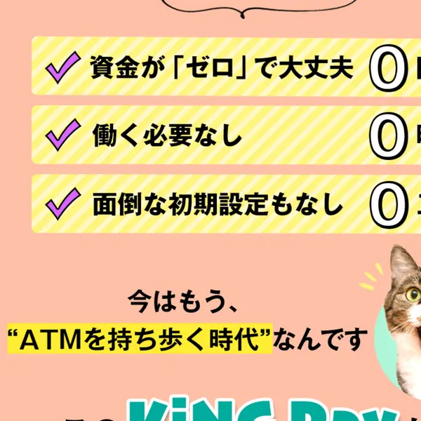 KiNG Payの広告。「資金がゼロで大丈夫」「働く必要なし」「面倒な初期設定もなし」とチェックマーク付きで表示。「今はもうATMを持ち歩く時代なんです」と記載