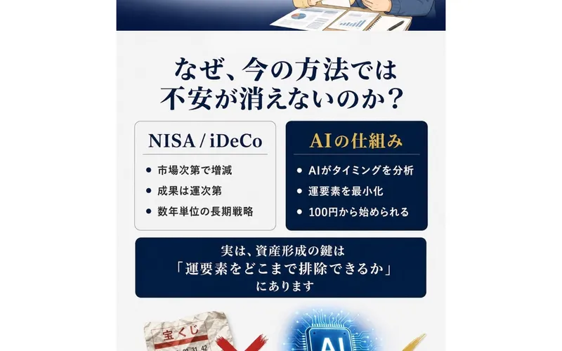 LAST ANSWERの広告。NISAやiDeCoと比べてAIの仕組みなら運要素を最小化できると書かれた比較
