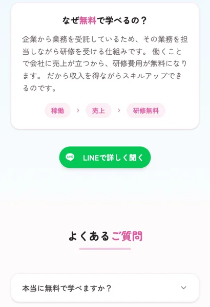 企業から業務を受託しその業務を担当しながら研修を受けるから無料になるというラフラインの仕組み