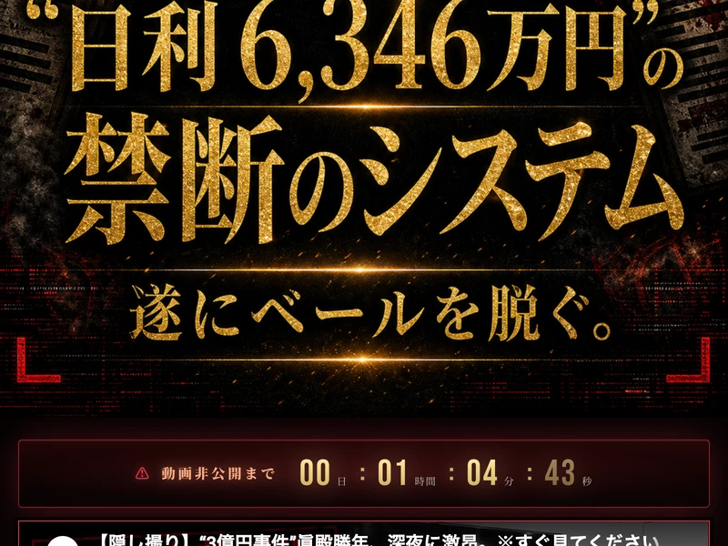 Legacyの広告サイト。「日利6,346万円の禁断のシステム 遂にベールを脱ぐ」と大きく記載されている