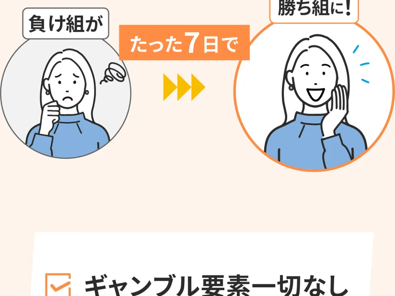「負け組がたった7日で勝ち組に!」「ギャンブル要素一切なし」と記載された広告