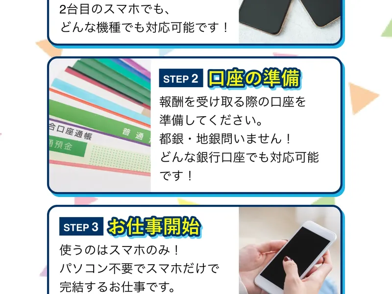 合同会社MRKの広告ページ中段。口座の準備やお仕事開始のステップが記載されている