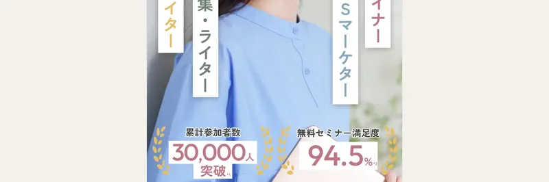 ミスアカデミーの実績表示。累計参加者30,000人突破、無料セミナー満足度94.5%と大きく掲載されている。その下にガイドブック12冊のプレゼント特典が並ぶ