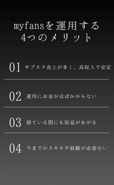 myfansを運用する4つのメリットとして「サブスク売上が多く高収入で安定」「運用にお金がほぼかからない」などが並んでいる