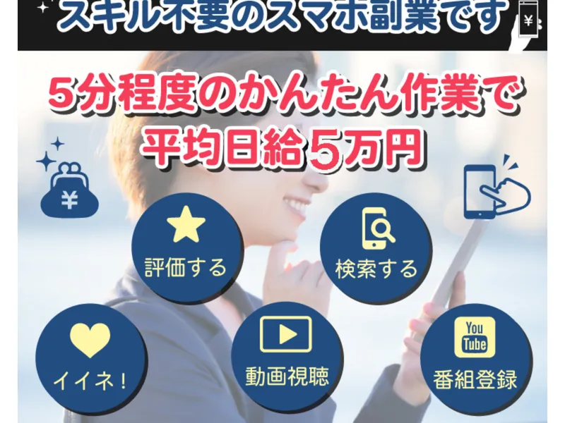 NEW PRODUCEの広告ページ。5分程度の簡単作業で平均日給5万円と大きく表示されている