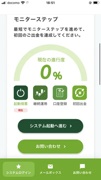 モニターステップ。起動措置→継続運用→口座登録→初回出金の4段階が表示されている