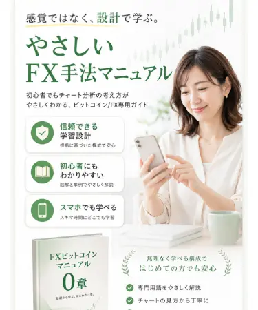 「やさしいFX手法マニュアル」の広告ページ。「感覚ではなく、設計で学ぶ」「初心者でもチャート分析の考え方がやさしくわかる、ビットコイン/FX専用ガイド」と記載