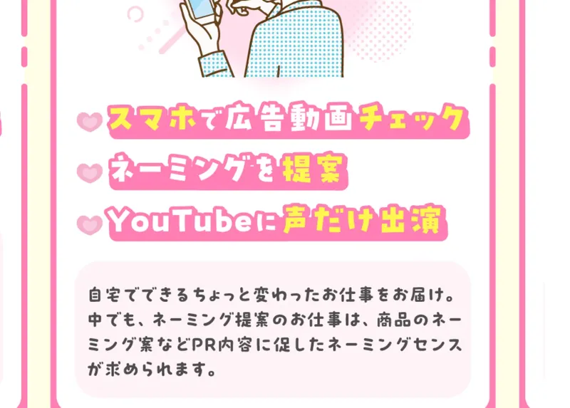 お仕事の詳細説明。「自宅でできるちょっと変わったお仕事をお届け。ネーミング提案のお仕事は、商品のネーミング案などPR内容に促したネーミングセンスが求められます。」と記載