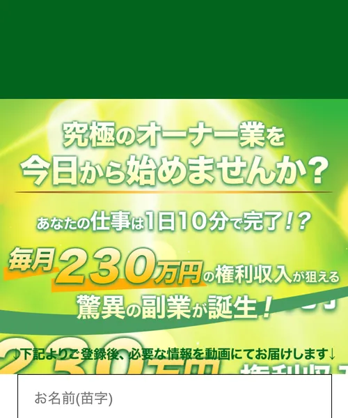 OWNERSの広告で「究極のオーナー業を今日から始めませんか？」「毎月230万円の権利収入が狙える」と表示。名前とメールアドレスの入力フォーム