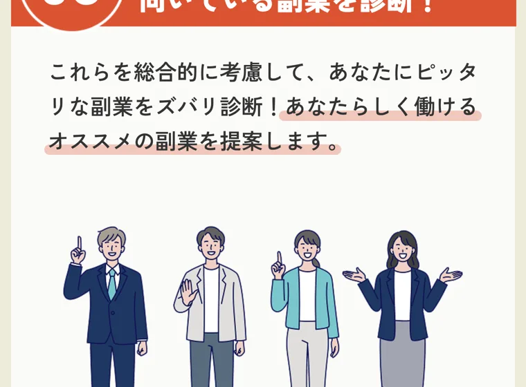 ピタフク診断で「向いている副業をズバリ診断」と総合的に提案すると説明されている