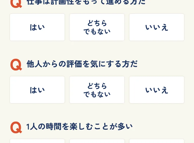 ピタフク診断で「仕事は計画性をもって進める方だ」などの質問にはい・どちらでもない・いいえで答える画面