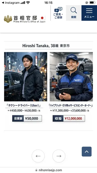 偽の成功者「Hiroshi Tanaka」。Uberドライバーからハイブリッド車のサービスセンターオーナーに転身したという設定