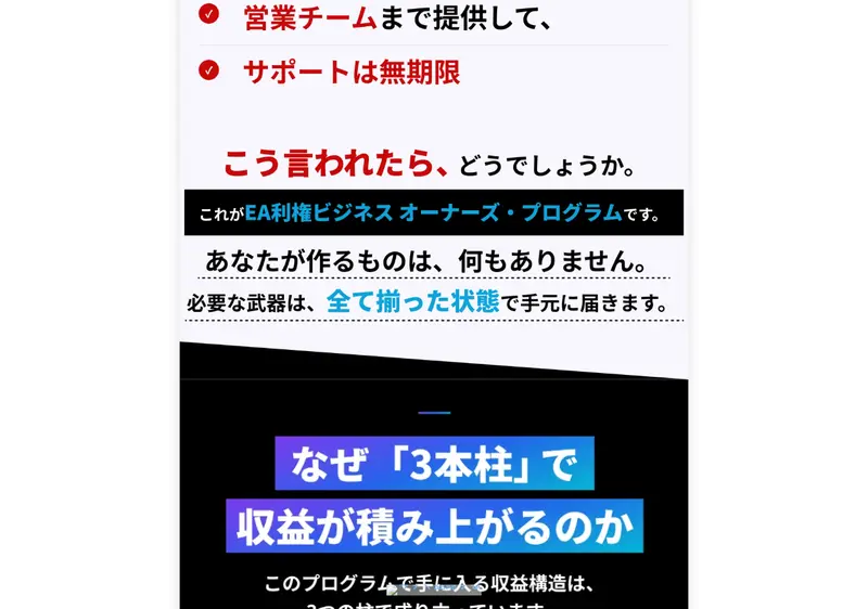 「営業チームまで提供」「サポートは無期限」と記載。「あなたが作るものは何もありません。必要な武器は全て揃った状態で手元に届きます」と謳うEA利権ビジネスの広告