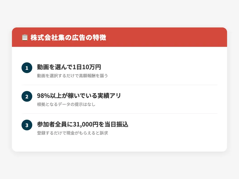 株式会社集の広告サイト。「動画を選んで1日10万円」「スマホとPayPayだけで50万受け取れた」と表示
