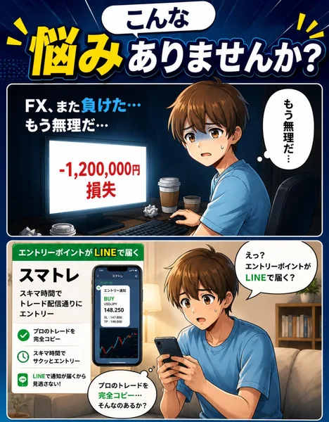 FXでまた負けて120万円損失したと落ち込む人に、スマトレならエントリーポイントがLINEで届くと訴える広告