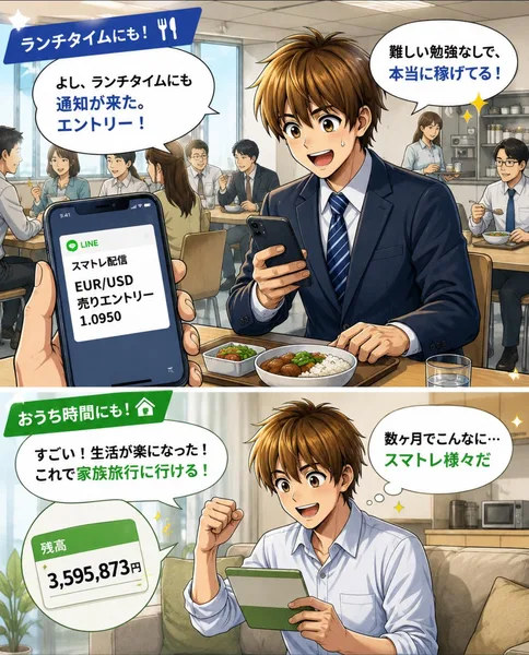 残高3,595,873円と表示し、生活が楽になった家族旅行に行けると謳うスマトレの広告