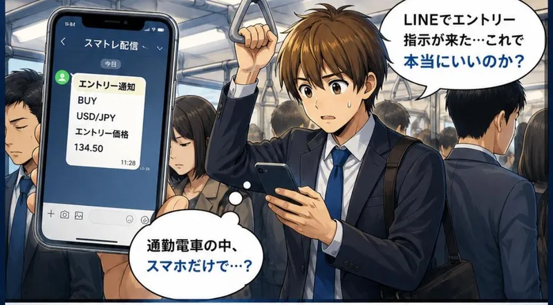 スマホに届いたスマトレ配信のBUY USD/JPYというFXのエントリー通知の画面