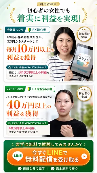 FX初心者の女性でも毎月10万円以上の利益を獲得したと紹介するスマトレの利用者の声