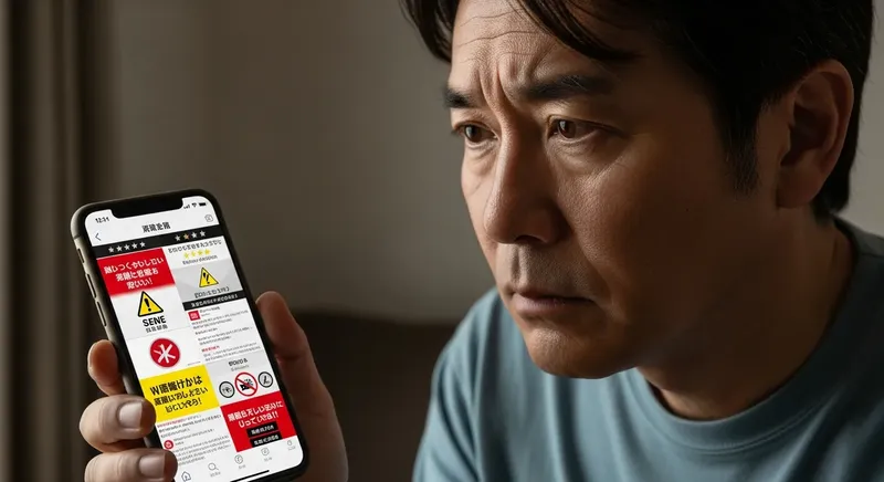 スマホで副業の口コミや評判を不安そうに検索している人のイメージ