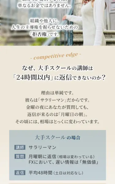大手スクールの場合「講師:サラリーマン、返信:月曜朝」天底FXスクールの場合「講師:現役トレーダー、24時間以内応答保証」と比較