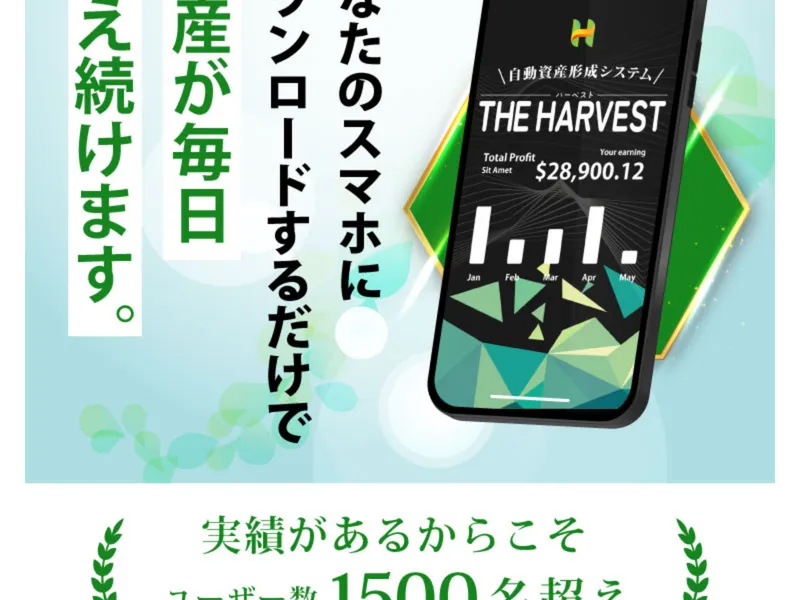THE HARVESTの広告サイトに表示されたアプリ画面。$28,900.12の利益が出ているように見せている