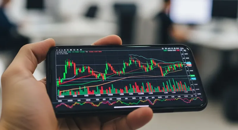 スマホの画面に株式チャートのローソク足が表示されている。投資情報を確認している手元の様子