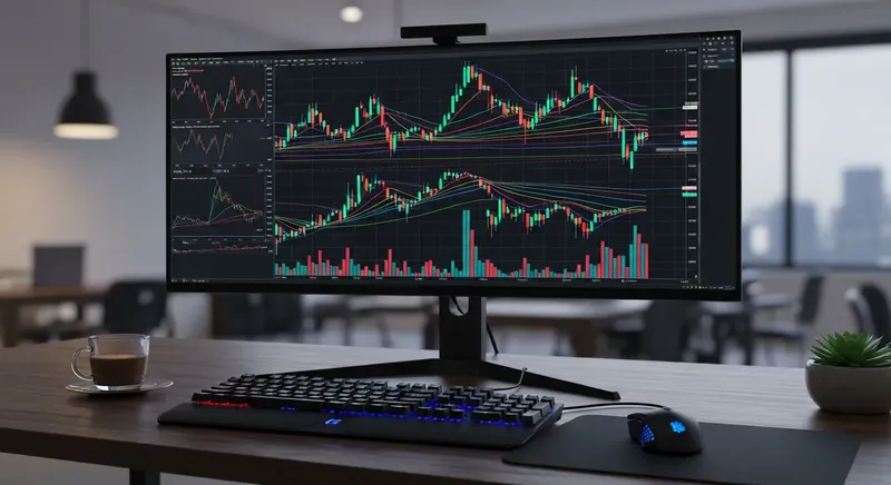 パソコンのモニターに複数の株式チャートや出来高グラフが表示されているトレーディング環境のイメージ