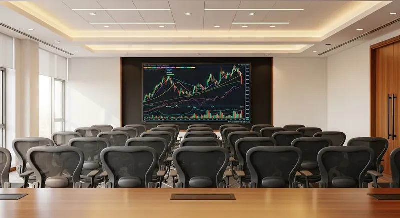 投資セミナーの会場のイメージ。大きなスクリーンに株価チャートが映っている