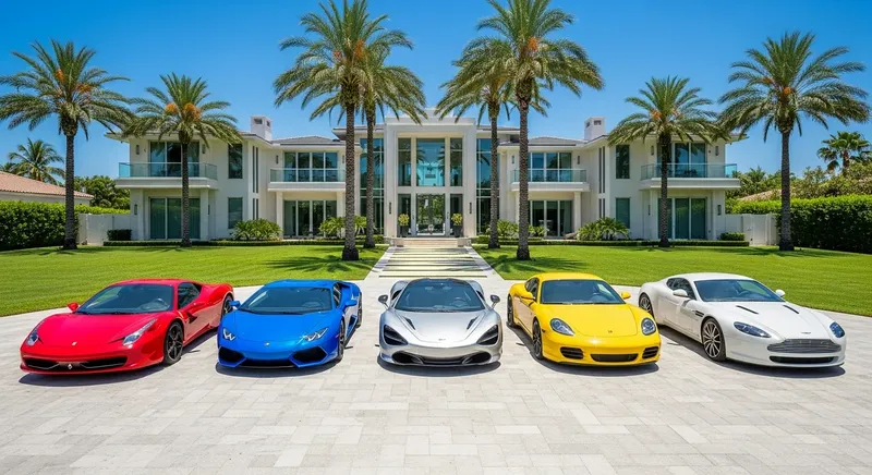 高級スポーツカーが並んでいる豪邸のイメージ。成功者のライフスタイルを演出している様子