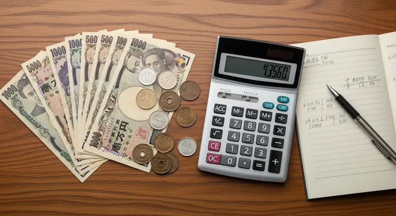 日本円の紙幣と電卓が机の上に並んでいる。投資費用を計算しているイメージ