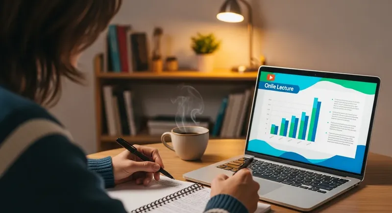 自宅でノートパソコンのオンライン講座を受講している人のイメージ。メモを取りながら学んでいる様子