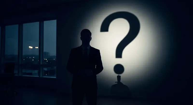 ビジネスマンのシルエットと疑問を感じさせる雰囲気のイメージ。信頼性を検証する様子