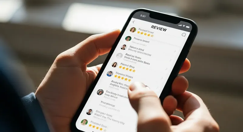 スマホの画面で口コミやレビューを確認している手元のイメージ。星評価が表示されている
