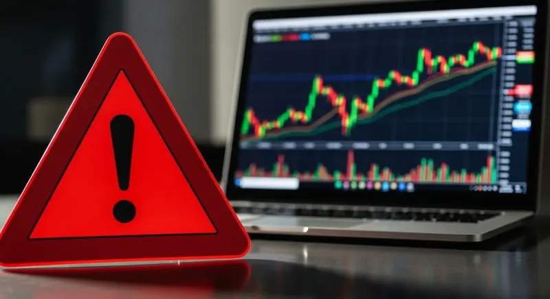 赤い警告マークと投資チャートが表示されたパソコン。金融リスクへの注意喚起のイメージ