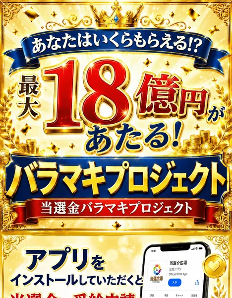 あなたはいくらもらえる、最大18億円があたると書かれた当選金バラマキプロジェクトの広告