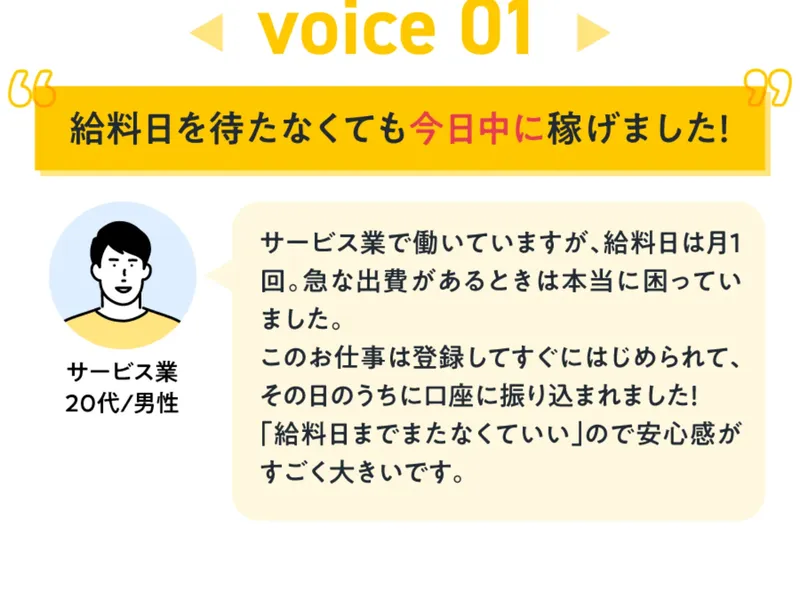 「実際にはじめた人の声」として、サービス業20代男性の体験談が表示されている。「その日のうちに口座に振り込まれました！」と書かれている