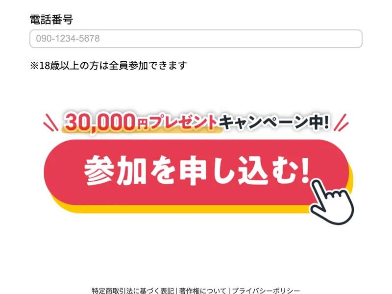 参加フォーム。「氏名」と「電話番号」の入力欄があり、「30,000円プレゼントキャンペーン中！」「参加を申し込む！」ボタンが表示されている