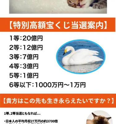 当選案内として1等20億円、2等12億円、3等7億円、4等3億円、5等1億円、6等以下1000万〜1万円と記載されている